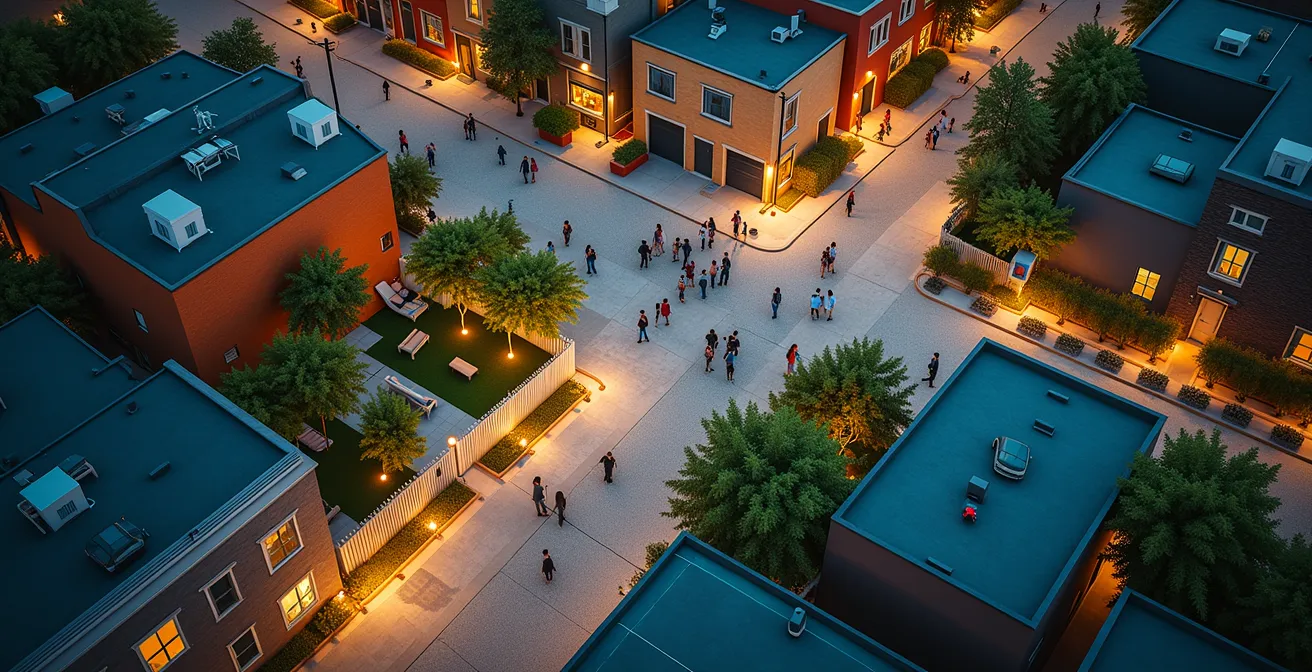 Vue aérienne d'un quartier montréalant montrant des micro-interventions culturelles : petits jardins temporaires, scènes de spectacles informelles, espaces de rencontre colorés créés dans des lieux auparavant abandonnés ou sous-utilisés