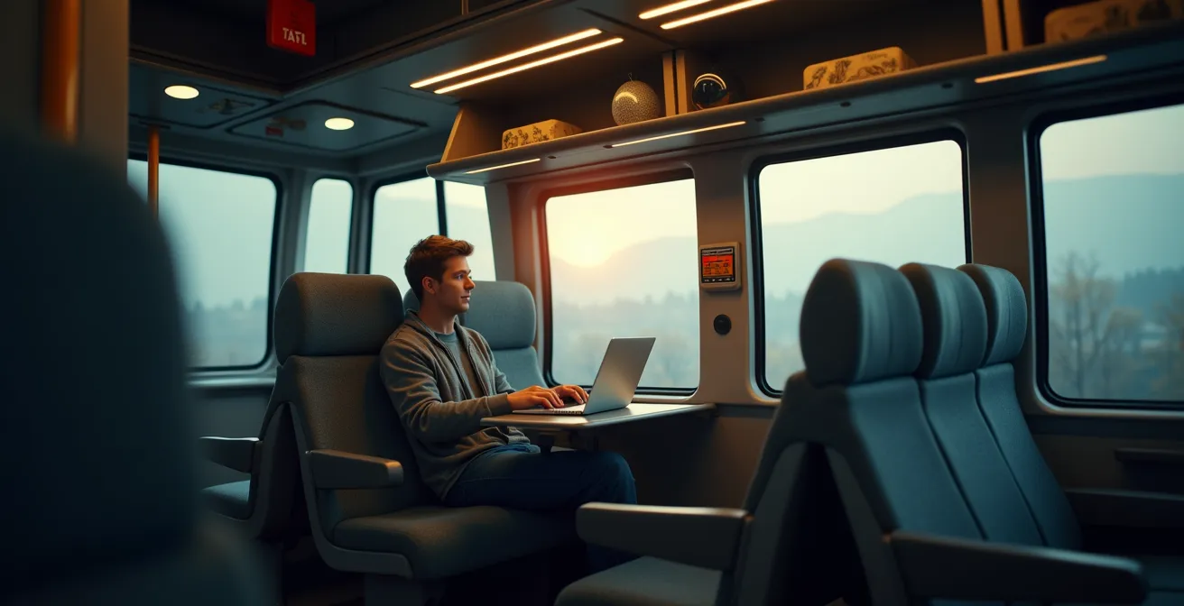 Intérieur moderne d'un autobus avec prises électriques, Wi-Fi, sièges confortables et écrans d'information