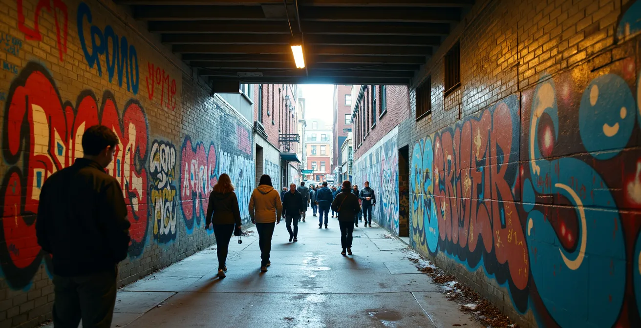 Murs couverts de graffitis et d'art de rue coloré représentant la vie urbaine dynamique et créative.