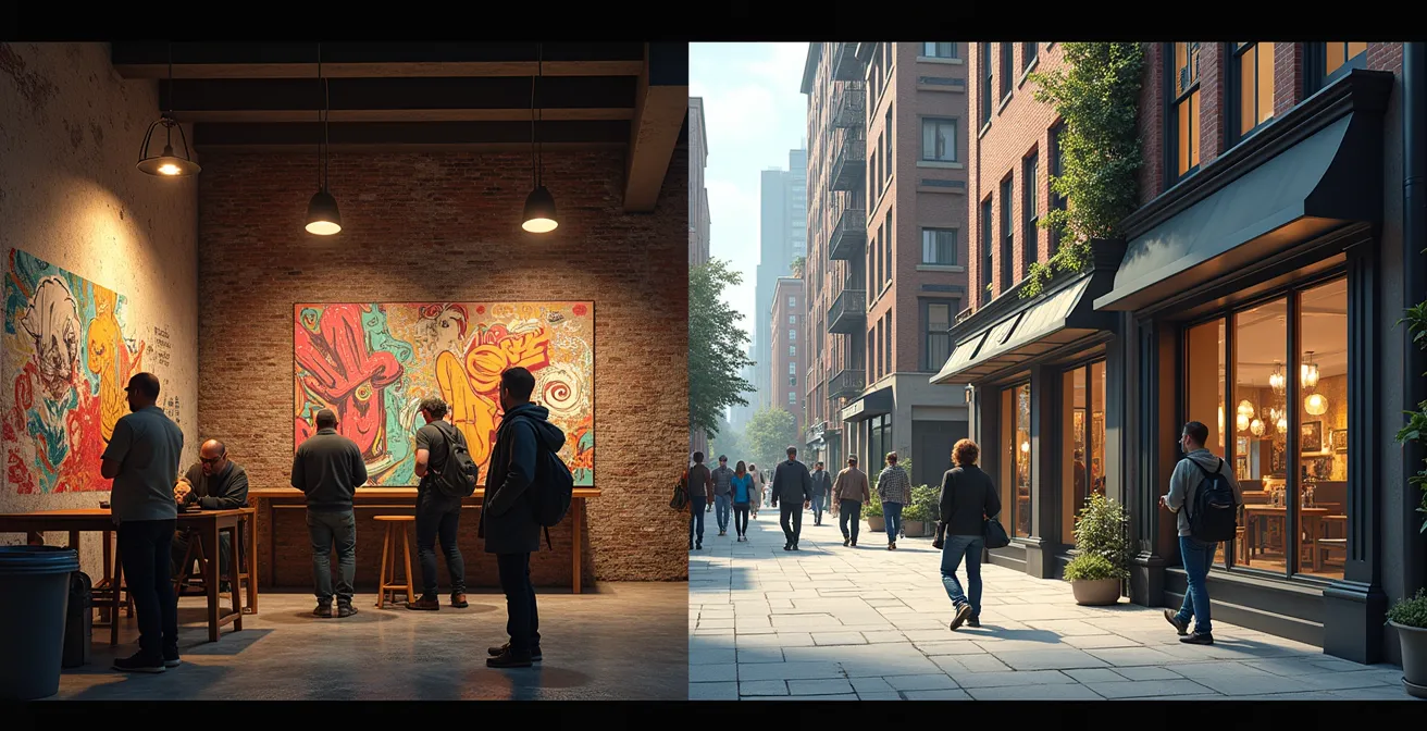 Illustration montrant comment les artistes revitalisent les quartiers mais finissent par en être exclus à cause de la hausse des loyers.