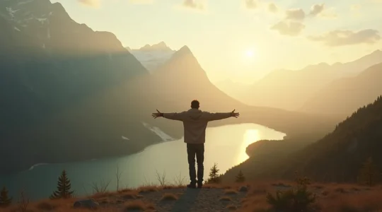 Personne en contemplation sereine dans les grands espaces naturels du Québec, entourée de montagnes, de forêts et d'eau, au lever ou coucher du soleil.