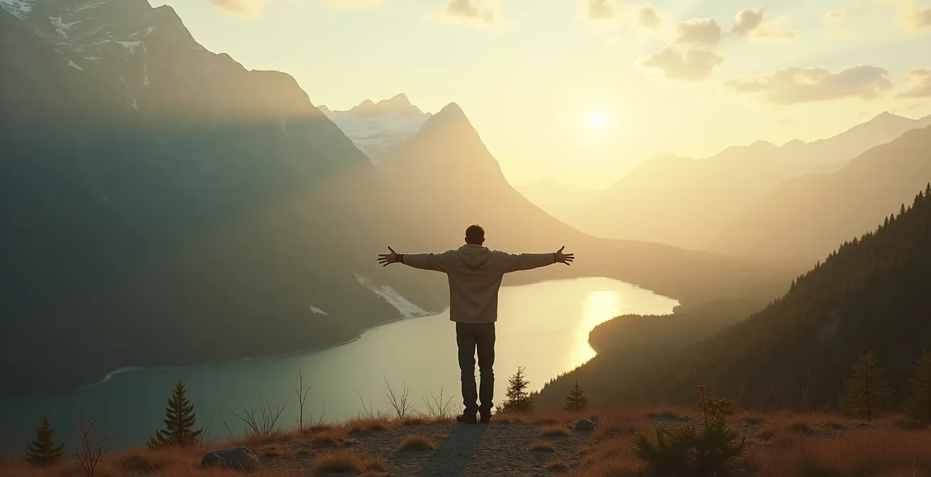Personne en contemplation sereine dans les grands espaces naturels du Québec, entourée de montagnes, de forêts et d'eau, au lever ou coucher du soleil.