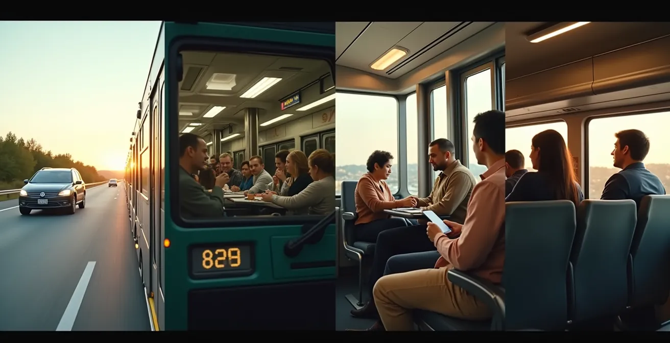 Comparaison des quatre modes de transport majeurs pour voyager entre les villes du Québec : automobile, autobus, train et covoiturage