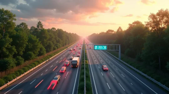 Illustration d'une autoroute futuriste du Québec avec panneaux intelligents, véhicules connectés et infrastructure verte