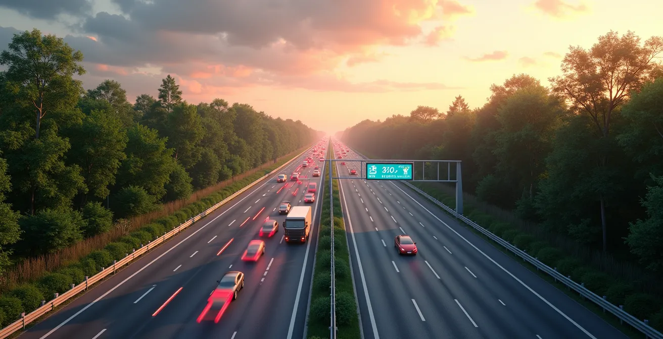 Illustration d'une autoroute futuriste du Québec avec panneaux intelligents, véhicules connectés et infrastructure verte