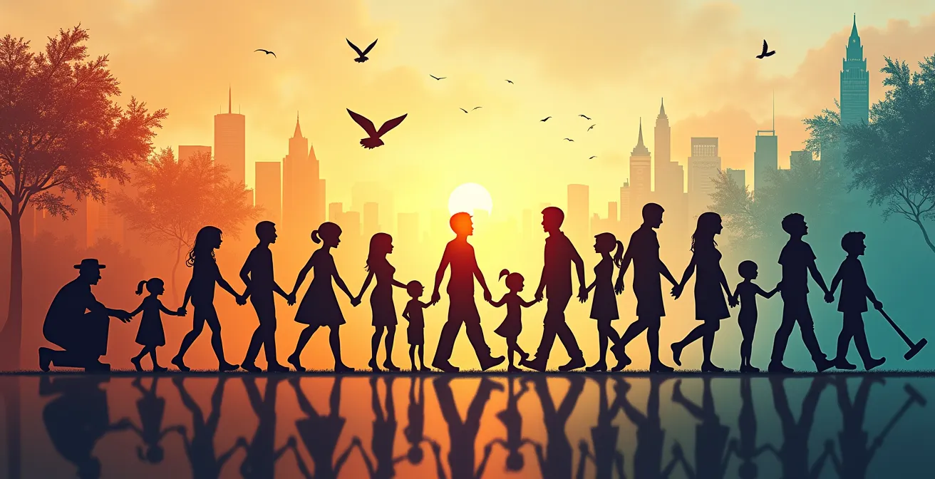 Une composition visuelle montrant l'évolution sociale du Québec à travers des symboles d'avancées majeures comme l'égalité, la famille, et la participation citoyenne