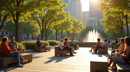 Espace public convivial avec des bancs accueillants et du mobilier urbain permettant les rencontres.