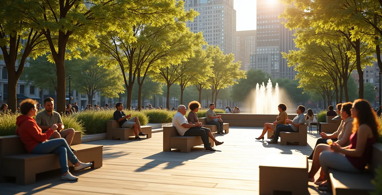 Espace public convivial avec des bancs accueillants et du mobilier urbain permettant les rencontres.