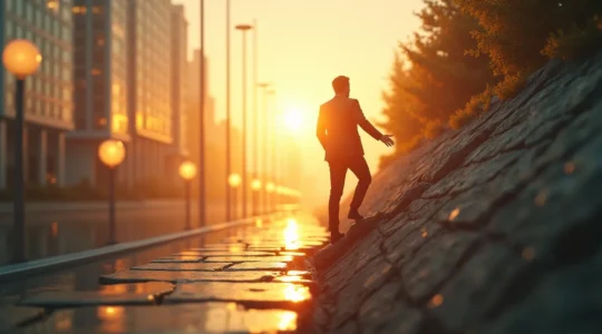 Illustration symbolique montrant une personne en pleine transformation professionnelle, construisant son indispensabilité face à l'évolution rapide du marché du travail.