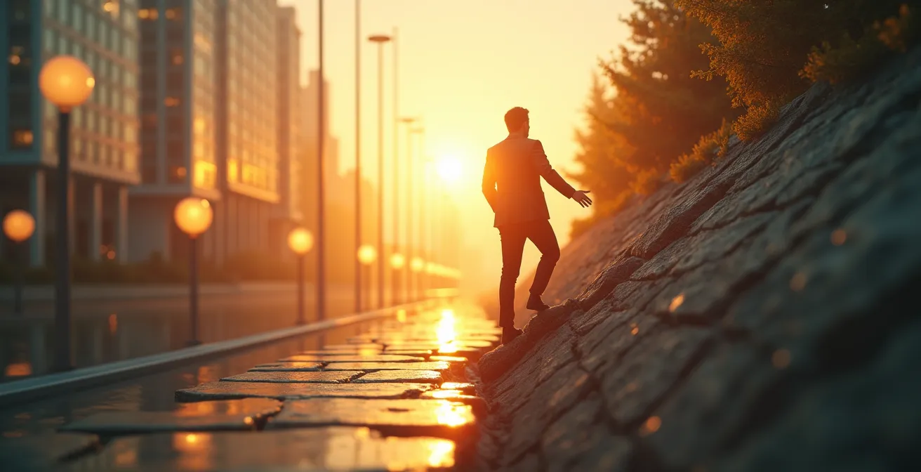 Illustration symbolique montrant une personne en pleine transformation professionnelle, construisant son indispensabilité face à l'évolution rapide du marché du travail.