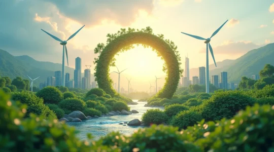 Image conceptuelle montrant l'équilibre entre croissance économique et durabilité environnementale au Canada, avec éléments de circularité et d'innovation verte