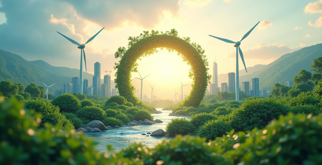 Image conceptuelle montrant l'équilibre entre croissance économique et durabilité environnementale au Canada, avec éléments de circularité et d'innovation verte