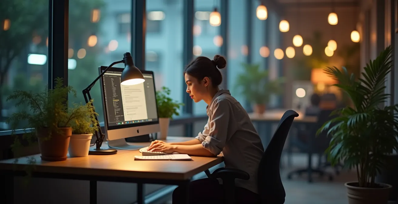 Illustration montrant l'architecture d'un espace de travail optimal pour la concentration profonde, avec des zones de focus, d'absence de distractions et d'équilibre.