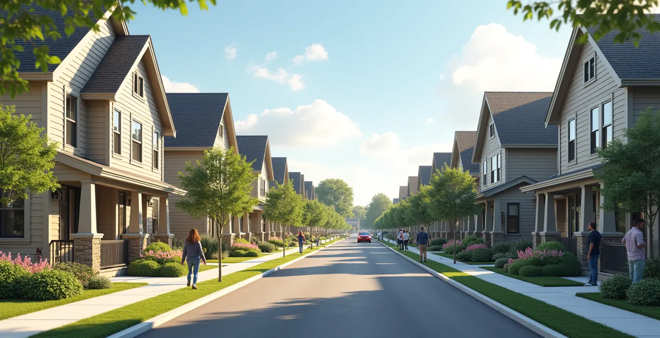 Illustration montrant des maisons de ville et des plex empilés avec des petits jardins privés, démontrant comment la densification douce préserve l'intimité et le caractère résidentiel.