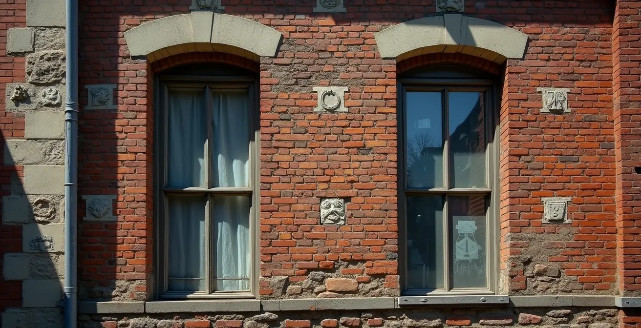 Gros plan détaillé d'une façade québécoise ancienne montrant: plaques d'assurance incendie, espace de fenêtres murées, changements de maçonnerie, traces d'annonces peintes, ancrages électriques anciens