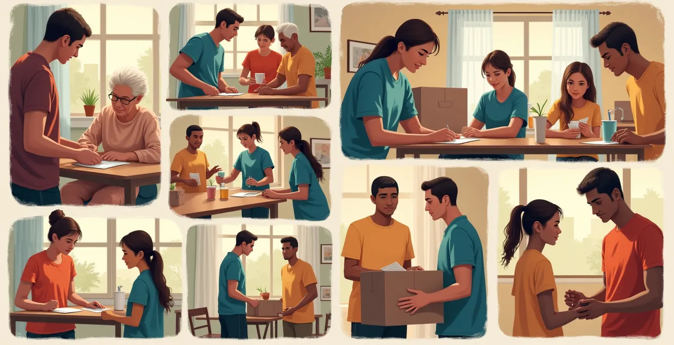 Illustration représentant les activités invisibles de l'économie : soins aux personnes âgées, bénévolat communautaire, travaux ménagers, et activités d'entraide familiale.