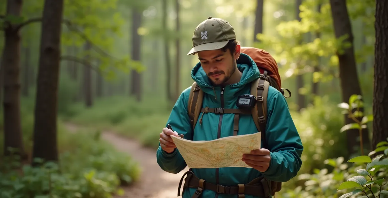 Randonneur débutant en montagne québécoise, portant un sac à dos approprié, consultingune carte, entouré de sentiers balisés et de points de repère naturels.