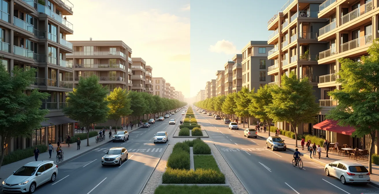 Illustration conceptuelle montrant la transformation urbaine durable au Québec, avec des immeubles denses entourés de verdure, des espaces publics conviviaux et des modes de transport actifs.