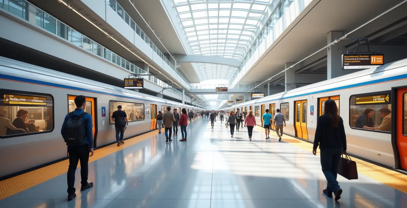 Illustration d'une gare centrale intégrée montrant connexions avec métro, REM, bus et vélos en libre-service