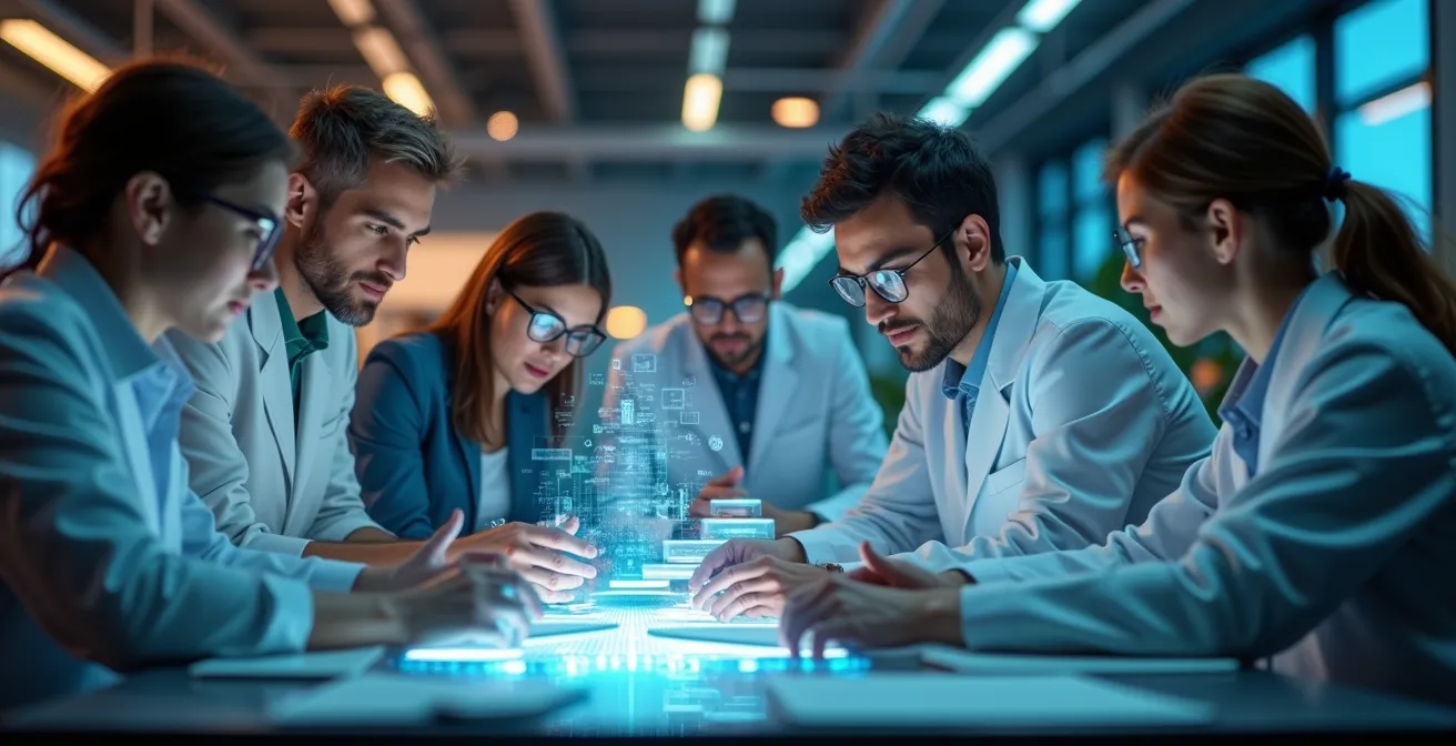 Illustration montrant comment l'IA transforme les métiers en les augmentant plutôt qu'en les remplaçant, avec des professionnels travaillant aux côtés d'outils IA