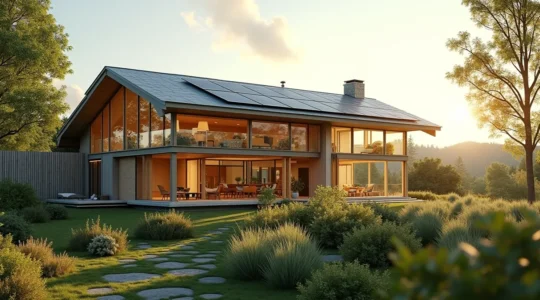 Une maison moderne et écologique avec panneau solaire, isolation thermique visible, et conception bioclimatique sous un ciel dégagé.