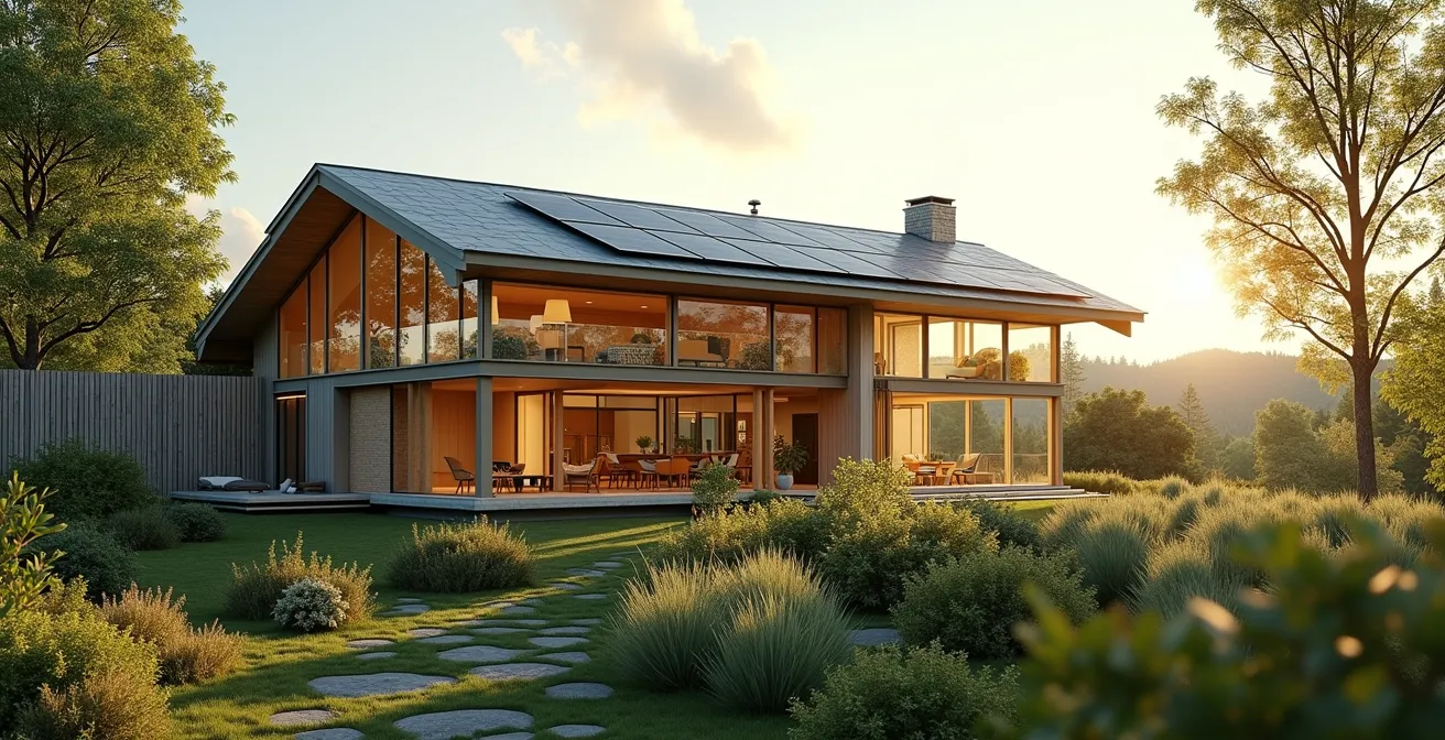 Une maison moderne et écologique avec panneau solaire, isolation thermique visible, et conception bioclimatique sous un ciel dégagé.
