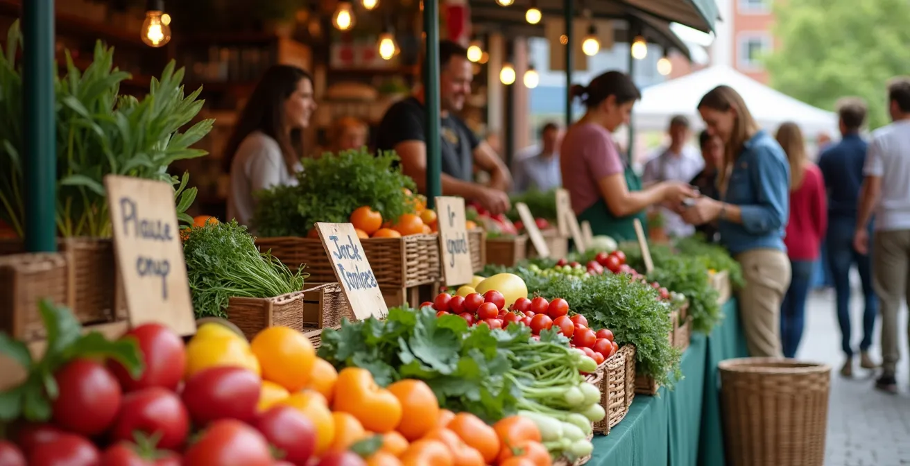 Scène vivante d'un marché public québécois où des producteurs locaux vendent leurs produits frais, symbolisant l'achat local et le contact humain.