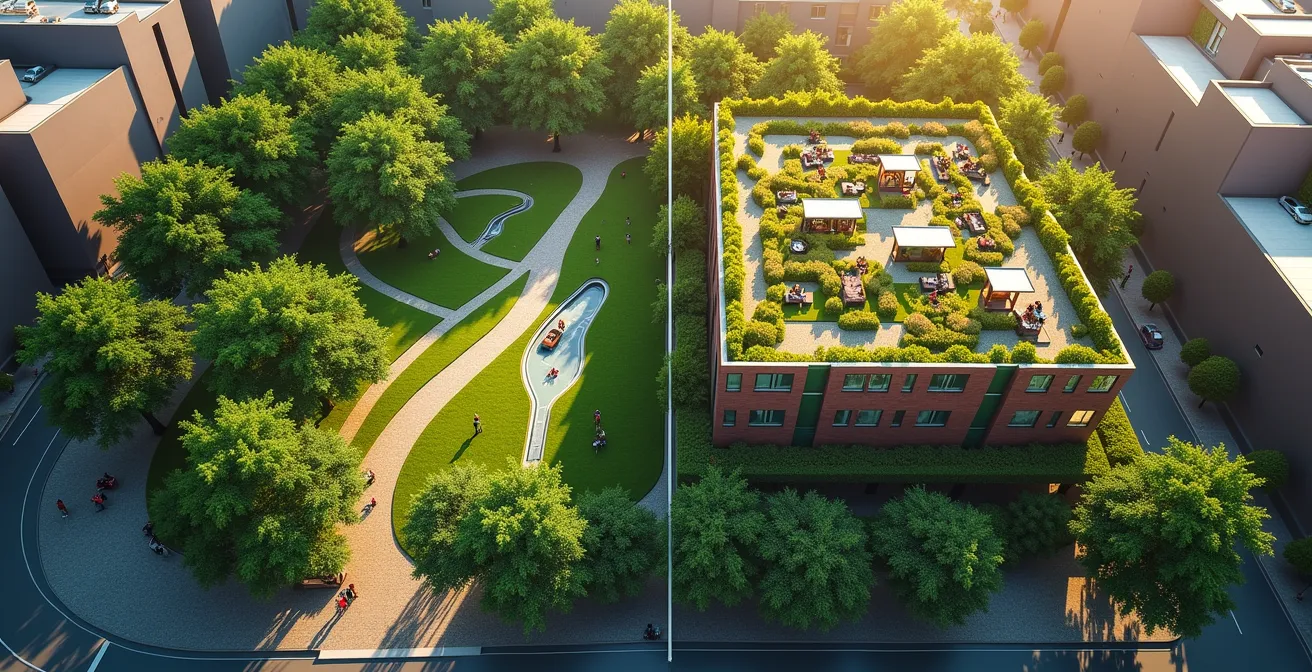 Illustration aérienne comparant un parc urbain verdoyant avec un toit vert intensif sur un bâtiment adjacent, montrant les deux stratégies de rafraîchissement urbain.