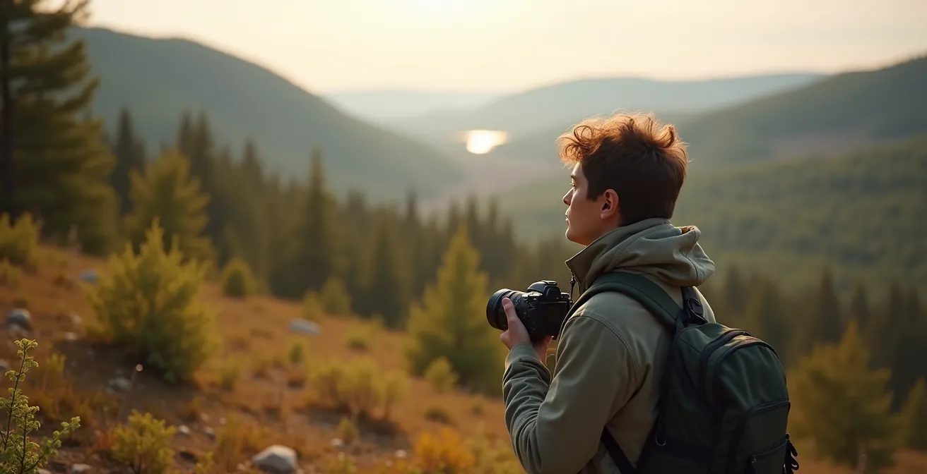 Photographe respectueux de la nature au Québec, observant un paysage sans capturer, laissant la nature intacte, montrant mindfulness et éthique environnementale.