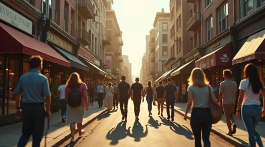 Illustration d'un quartier urbain montrant la tension entre la preservation du patrimoine et la gentrification, avec des résidents de différentes générations et des commerces locaux.