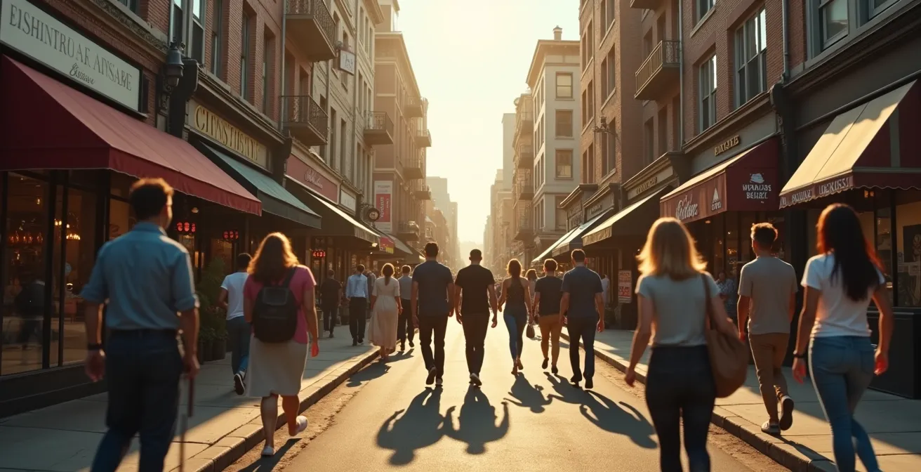 Illustration d'un quartier urbain montrant la tension entre la preservation du patrimoine et la gentrification, avec des résidents de différentes générations et des commerces locaux.