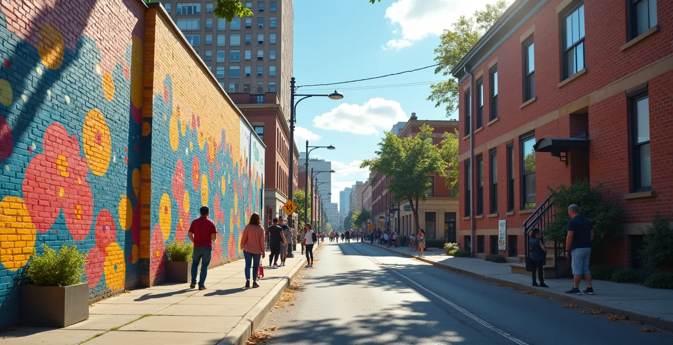 Scène urbaine montrant la transformation d'un quartier grâce à l'art : des murales colorées sur les bâtiments, des espaces de création accessibles, des habitants de tous âges engagés dans des activités culturelles ensemble