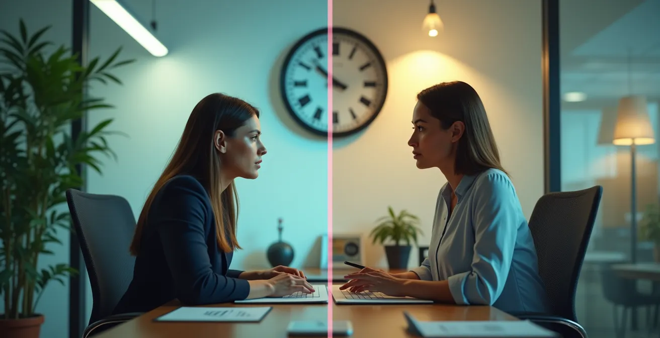 Illustration montrant les signaux d'alerte d'une culture d'entreprise toxique durant une entrevue