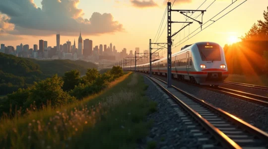 Illustration d'un train à grande vitesse modernes traversant le corridor Québec-Toronto avec des villes intermédiaires visibles