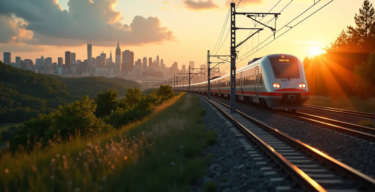 Illustration d'un train à grande vitesse modernes traversant le corridor Québec-Toronto avec des villes intermédiaires visibles