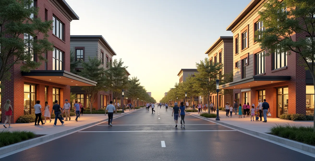 Centre-village transformé avec densification, espaces publics animés et mixité commerciale favorisant les interactions locales.