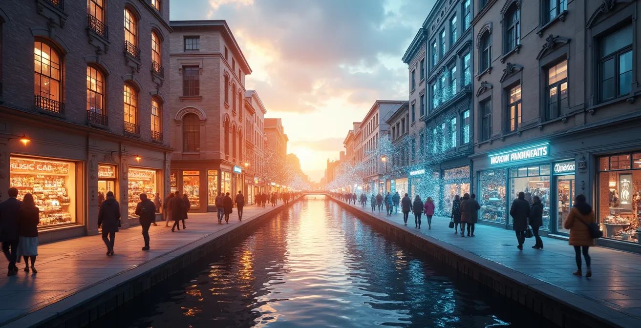 Illustration symbolisant la transformation numérique du Québec avec fusion entre technologie et vie quotidienne