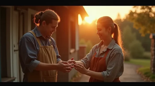 Montage photographique montrant des détails de patrimoine culturel québécois dans ses régions : mains d'artisans, instruments de musique traditionnels, façades historiques colorées, et visages de gens souriants lors d'événements communautaires