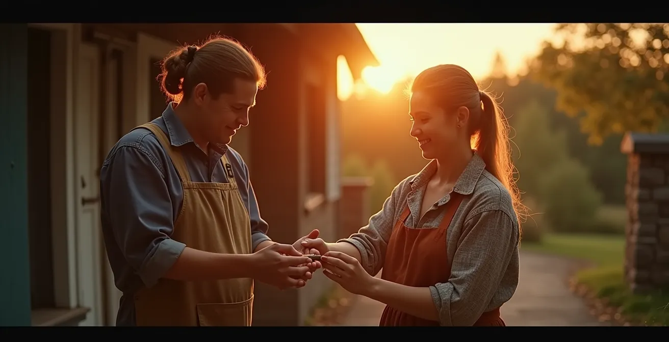 Montage photographique montrant des détails de patrimoine culturel québécois dans ses régions : mains d'artisans, instruments de musique traditionnels, façades historiques colorées, et visages de gens souriants lors d'événements communautaires