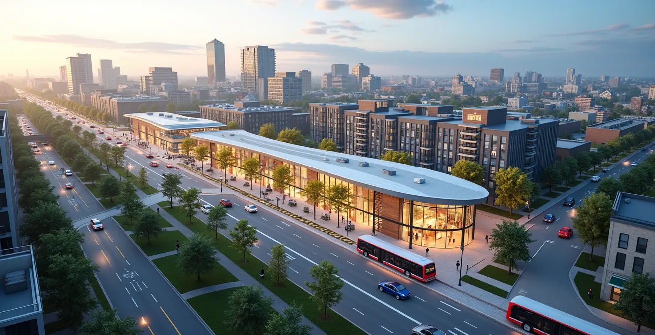 Illustration montrant Trois-Rivières et Drummondville transformées en pôles économiques dynamiques avec la gare de TGF centrale