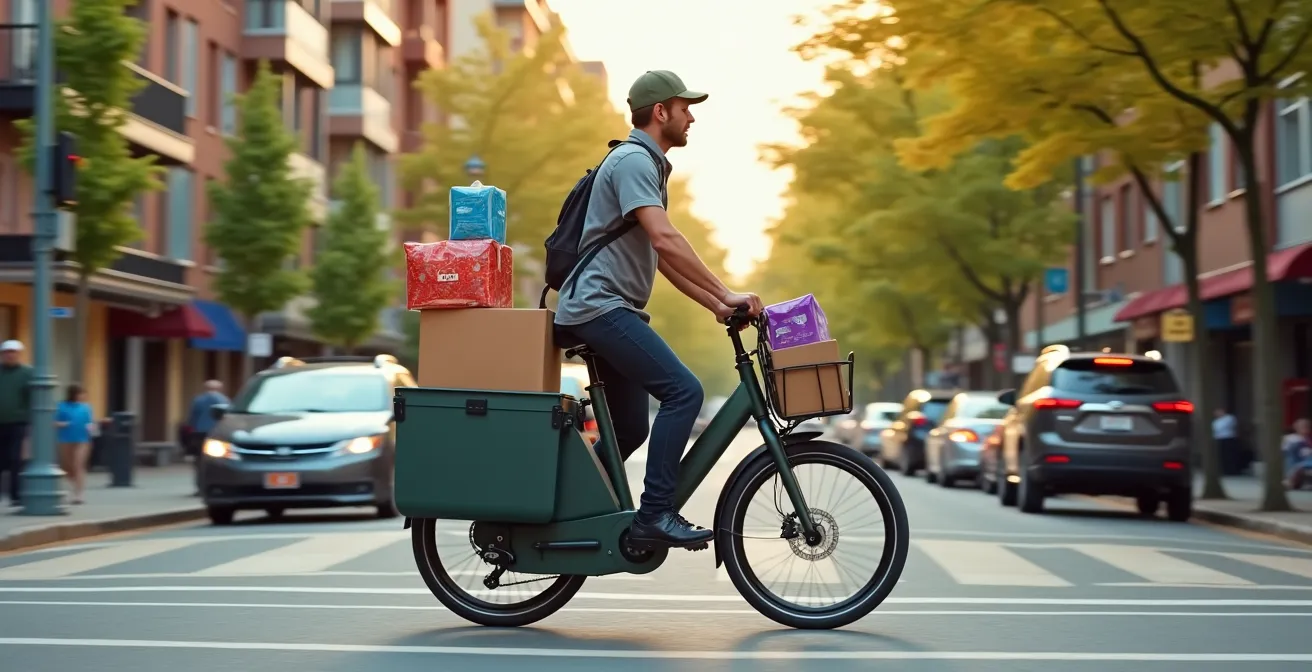 Un livreur en vélo-cargo électrique naviguant dans une rue urbaine dense de Montréal, illustrant une solution de livraison durable.