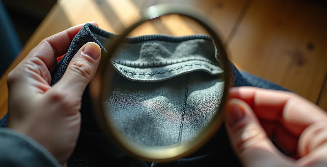 Mains examinant l'étiquette d'un vêtement avec une loupe, révélant les détails cachés