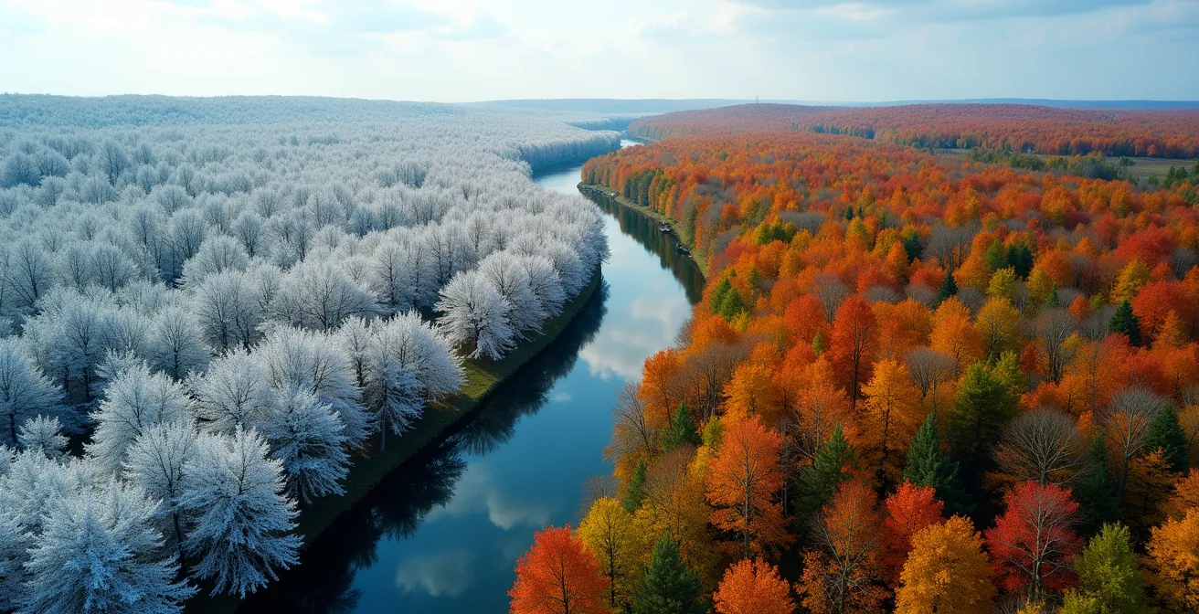 Vue aérienne minimaliste d'un paysage québécois montrant les quatre saisons en une seule image