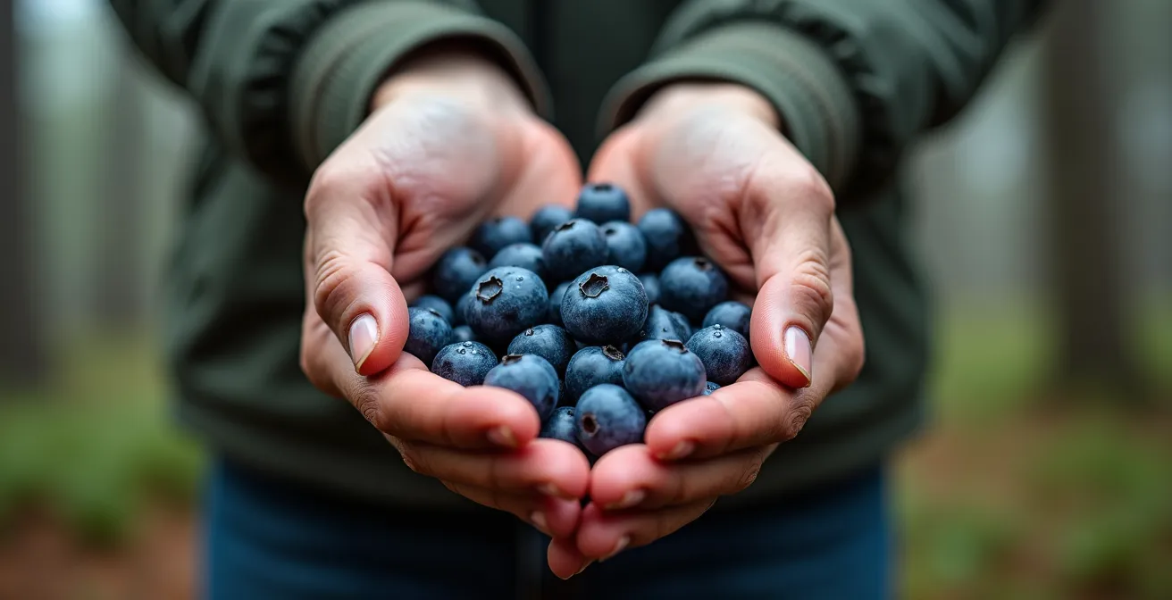 Mains tenant des bleuets fraîchement cueillis avec paysage québécois en arrière-plan