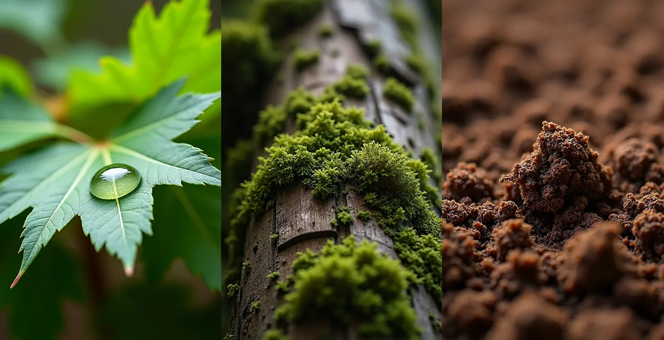 Comparaison visuelle macro de trois textures naturelles représentant différents niveaux d'impact écologique
