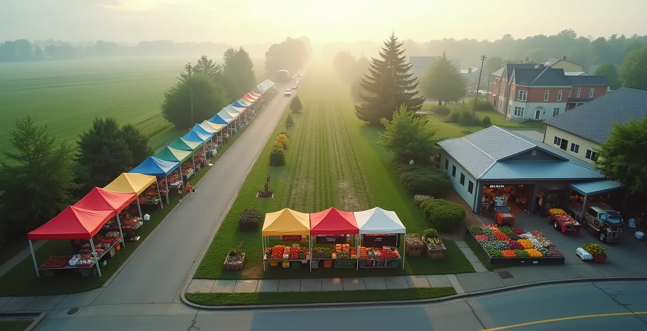 Vue aérienne minimaliste montrant trois espaces d'achat local : un marché public animé, une ferme avec kiosque et un point de chute urbain