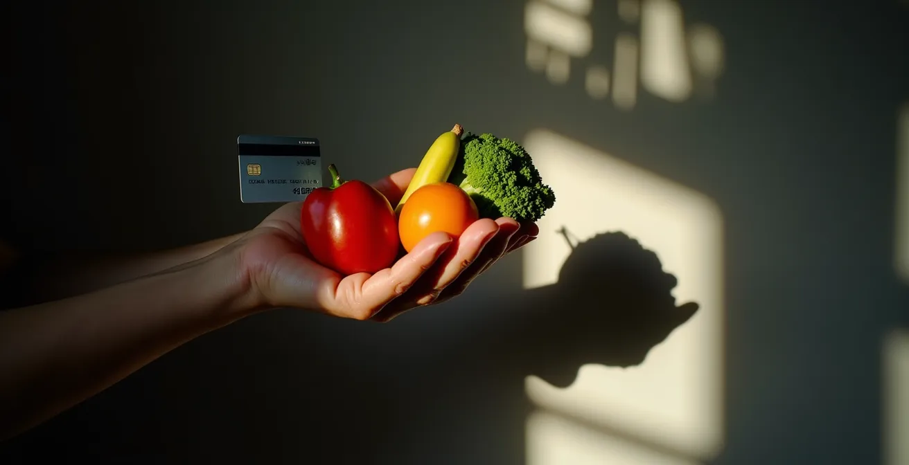 Mains tenant simultanément un panier de légumes biologiques et une carte bancaire, ombre symbolique de derrick pétrolier