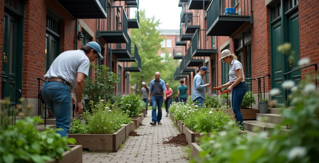Groupe de voisins de différents âges travaillant ensemble dans une ruelle verte de Montréal