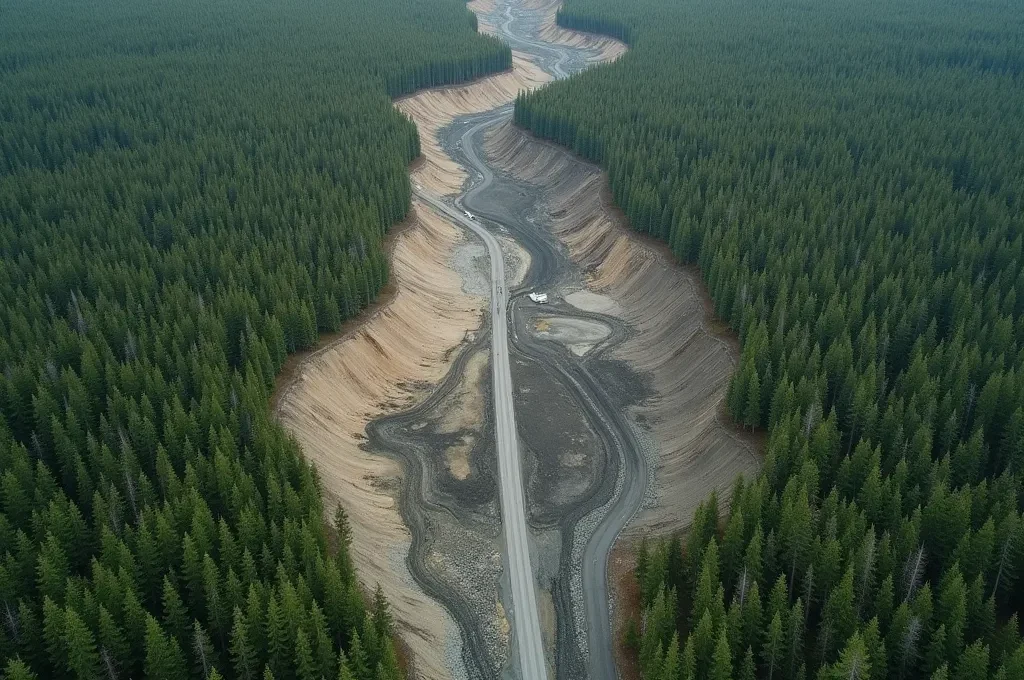 Vue aérienne abstraite d'un paysage nordique avec traces d'exploitation minière, contraste entre nature préservée et zones exploitées