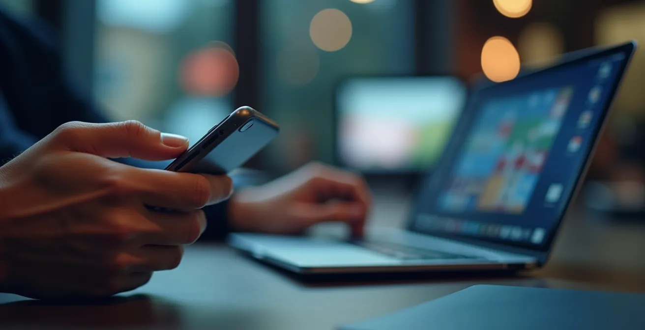 Gros plan sur les mains d'un travailleur montréalais jonglant avec plusieurs appareils